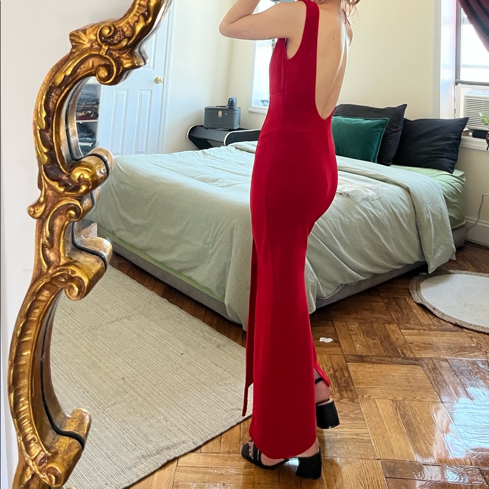 Red Hot Jersey Knit Bodycon Midi Low Back Sleeveless Side Slit Dress